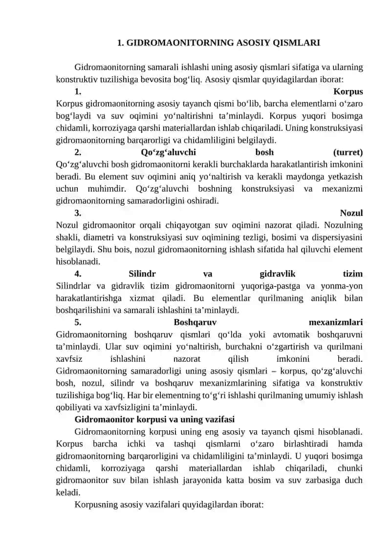 Gidromaonitorlar uning asosiy qismlari va konstruktiv tuzilishini o‘rganish. 4