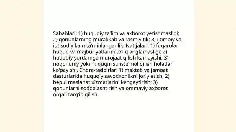 Fuqarolarning huquq va erkinliklarini toʻliq anglamasliklari va bilmasliklari 4