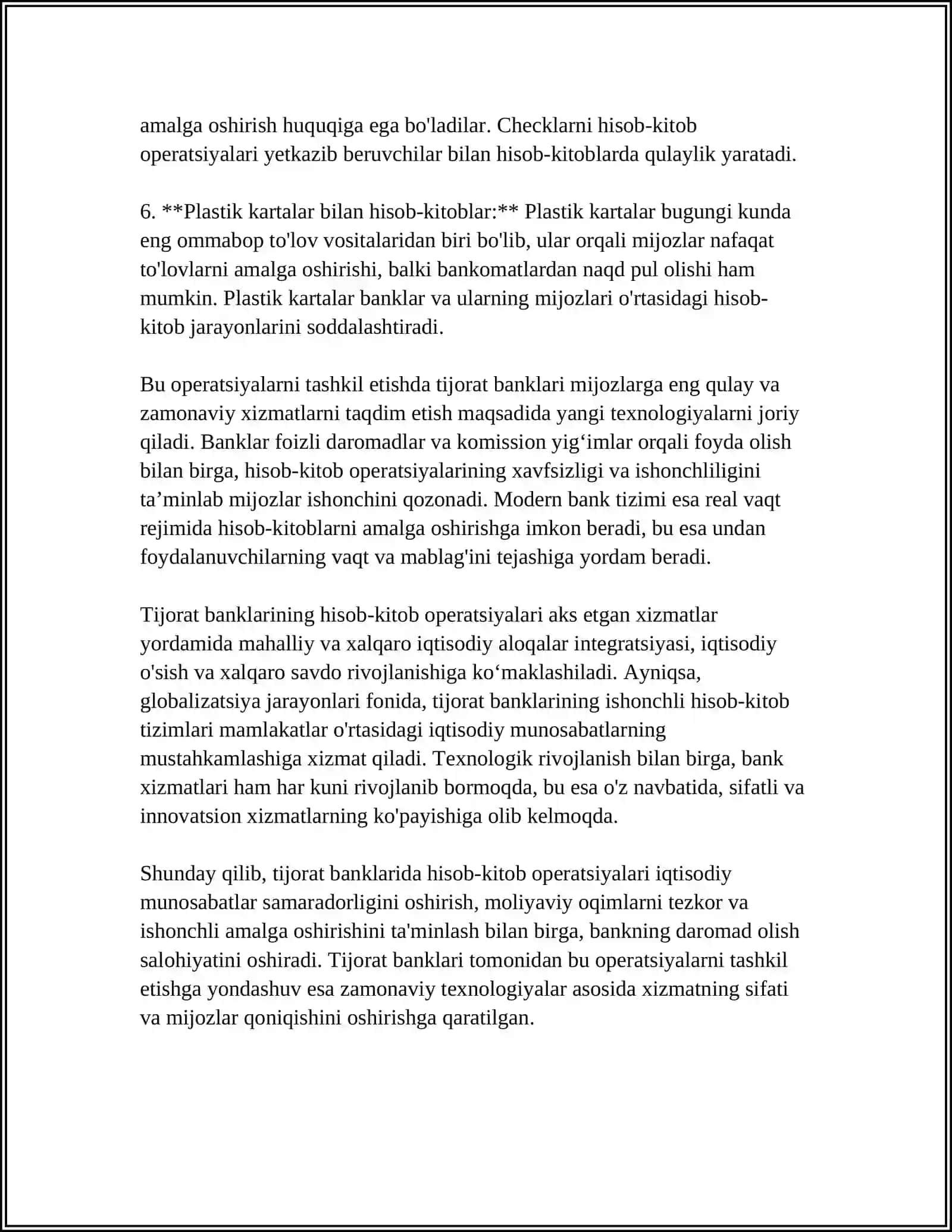TIJORAT BANKLARIDA HISOB-KITOB OPERATSIYALARINI TASHKIL ETISH VA ULARNING HISOBI 4