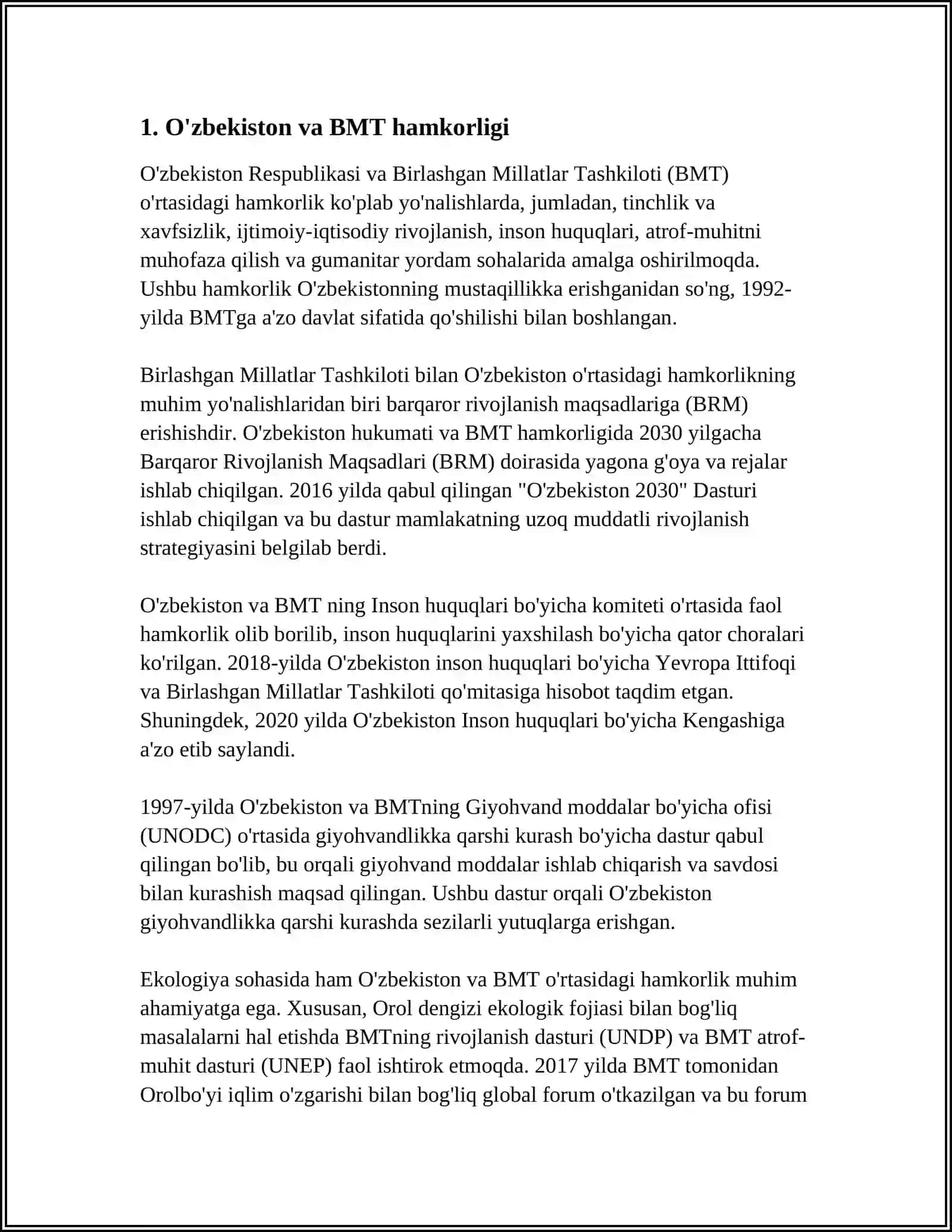 O'ZBEKISTONNING XALQARO TASHKILOTLAR BILAN HAMKORLIK ALOQALARI 4