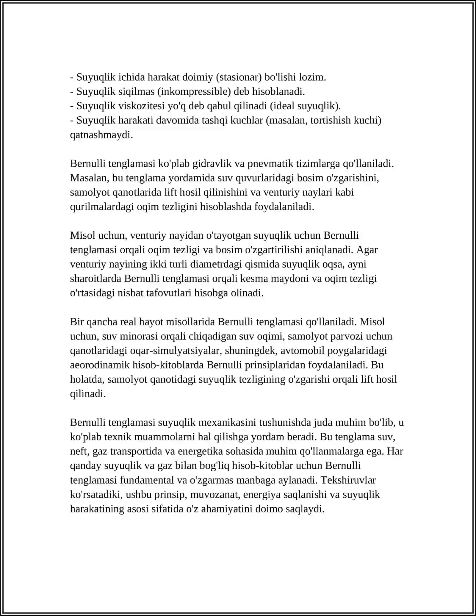 SUYUQLIK VA GAZLAR UCHUN BERNULLI TENGLAMASI 4