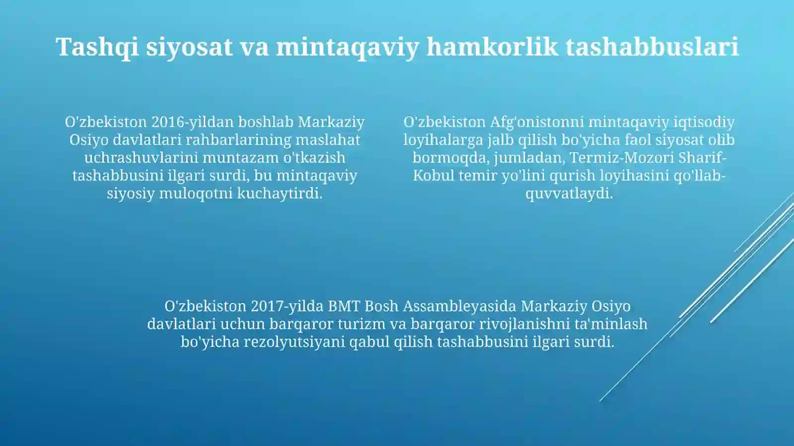 Oʻzbekistonning Markaziy Osiyodagi Tinchlikvabarqarorliknita’minlashdagiurni 4