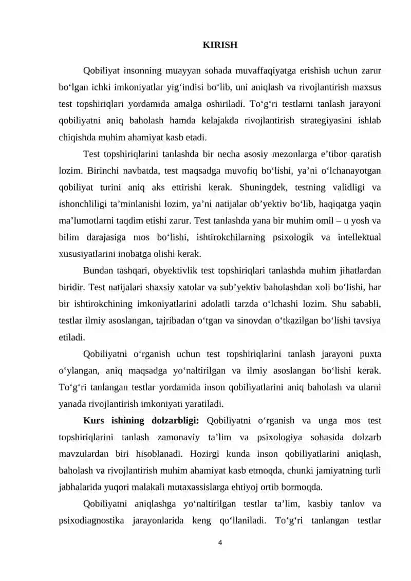 Qobilyatni o'rganish test topshiriqlarinin tanlash 4
