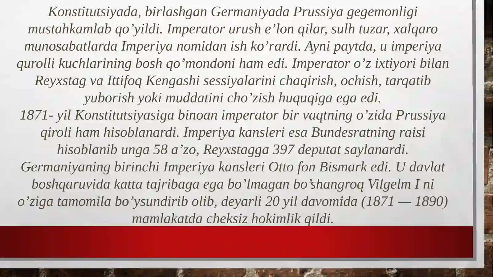 1871-yil imperiya Konstitutsiyasi. 1871-1899-yillrda Germaniya iqtisodiyotining o'sishi. Qishloq xo'jaligining o'sishi 4
