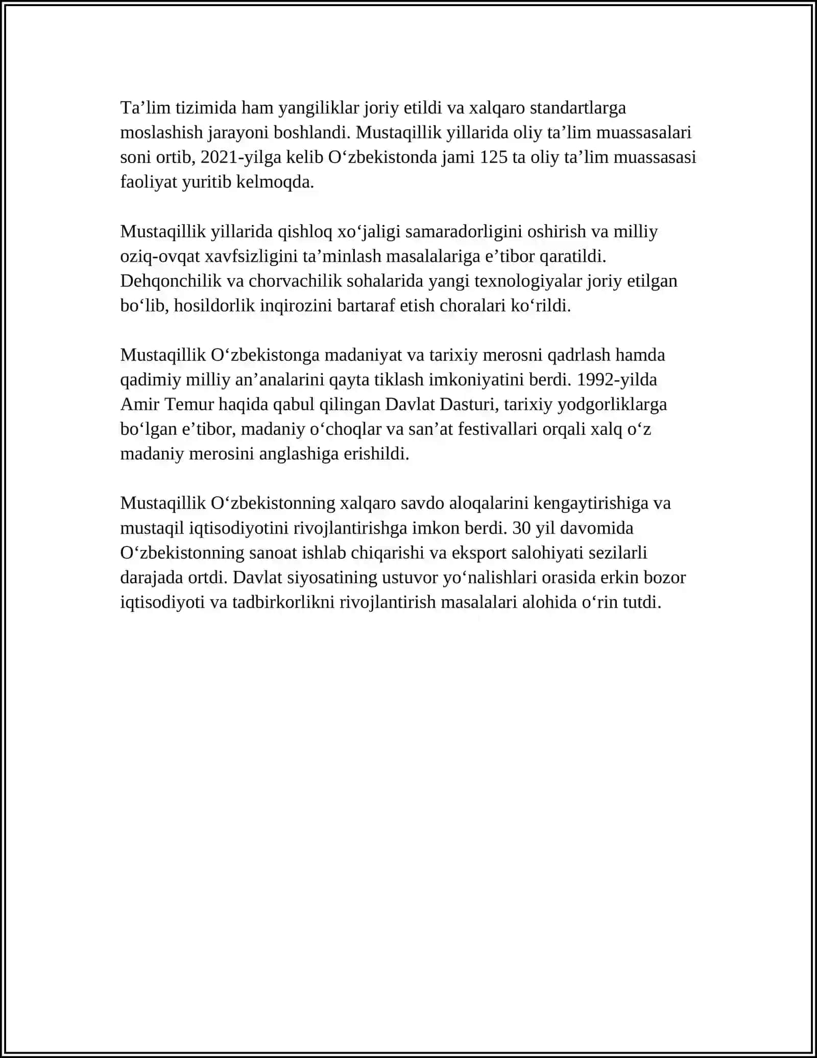 O‘zbekistonning O‘ziga Xos Istiqlol va Taraqqiyot Yo‘li 4