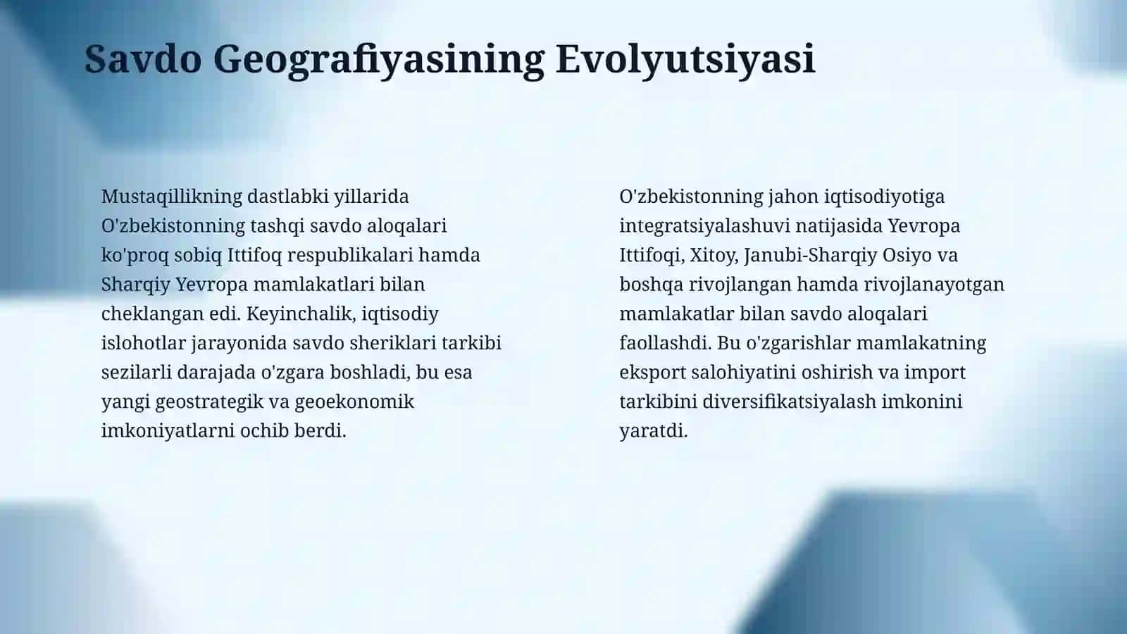O'zbekiston tashqi savdo munosabatlari geografiyasining sifat jihatdan o'zgarib borishi 4