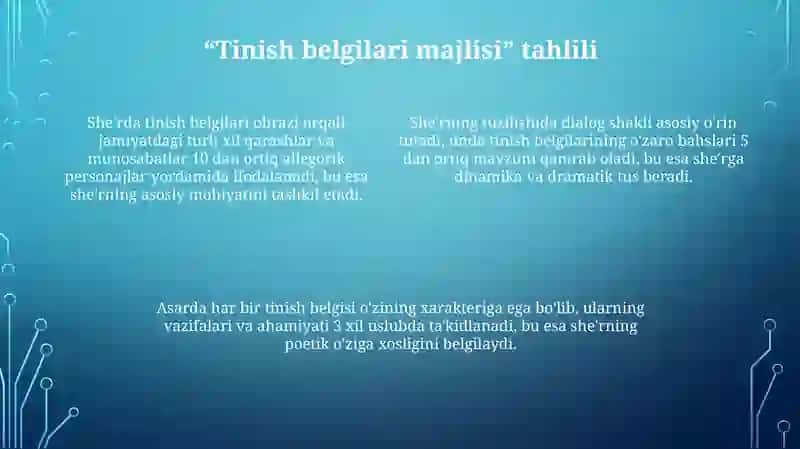 Shoirning "Tinish belgilar majlisi", "Sogʻinch", "Kimning xati chiroyli" she'rlari tahlili 4