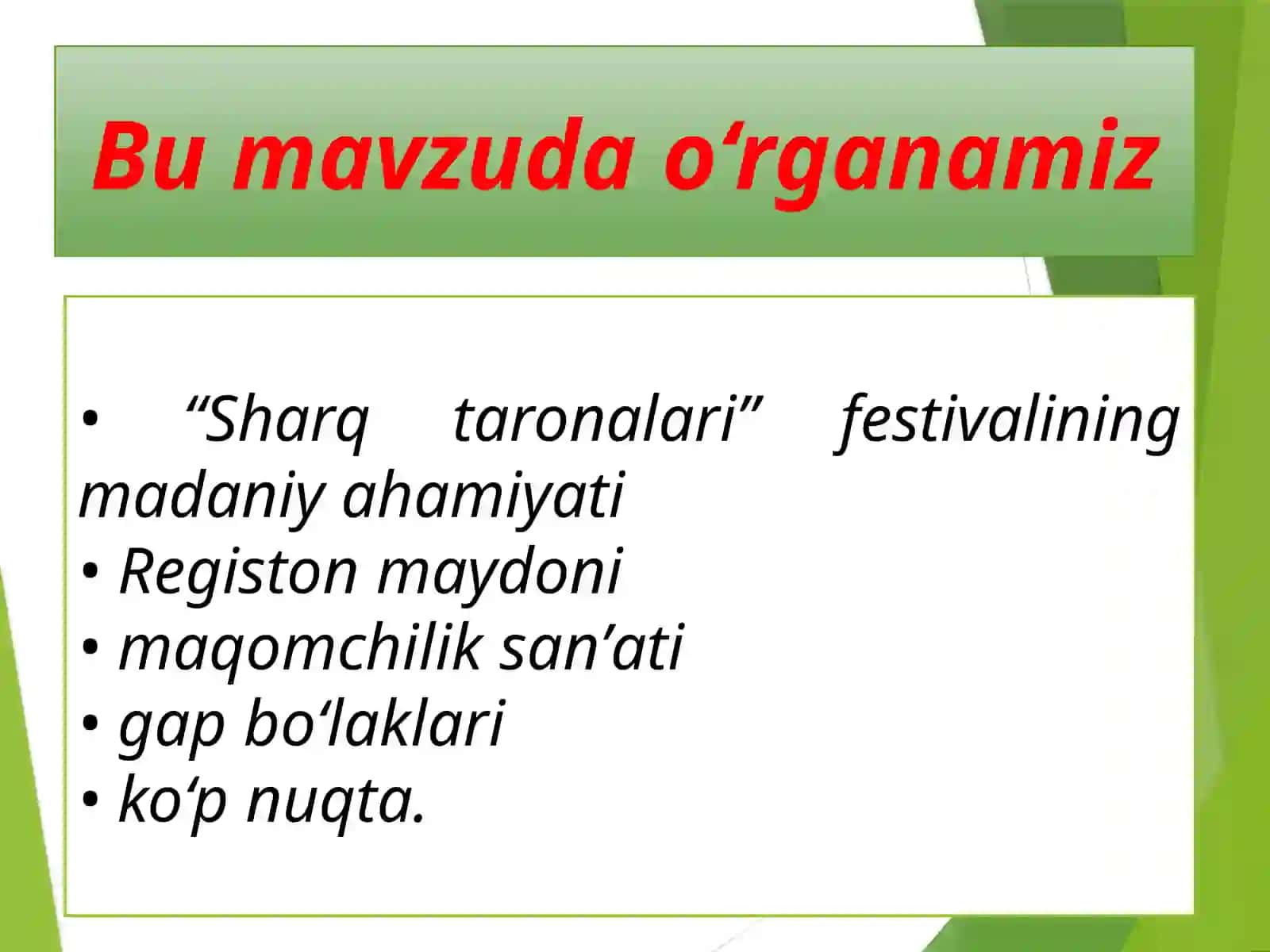 “Sharqtaronalari” xalqaro musiqa festivali. Tasviriy matn. Audiomatn. Tarixiy sanalar, atoqli otlar, joynomlari imlosi 4