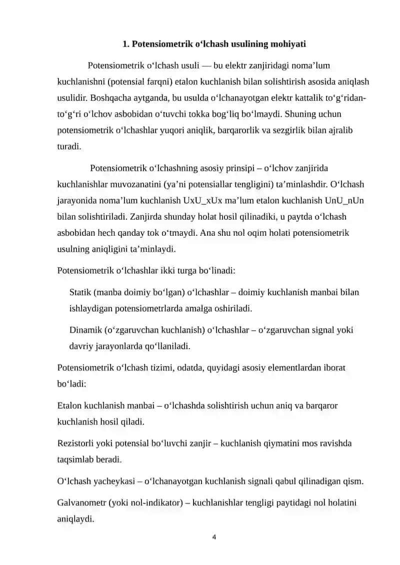 Potensiometrik o’lchash uchun o’lchash yacheykasi 4