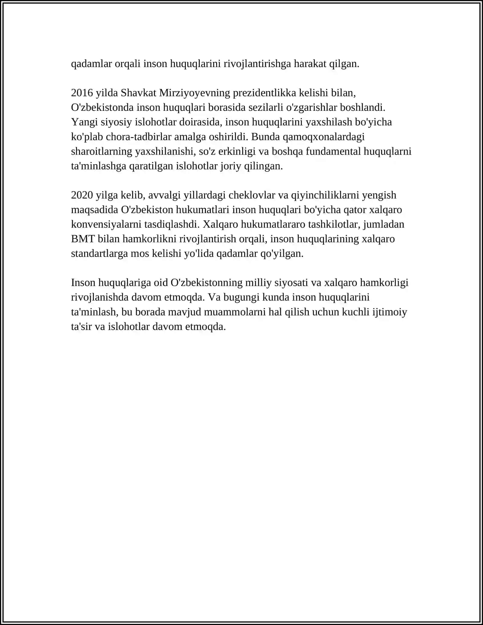 O'ZBEKISTONDA INSON HUQUQLARI VA ERKINLIKLARI KAFOLATINING YARATILISHI 4