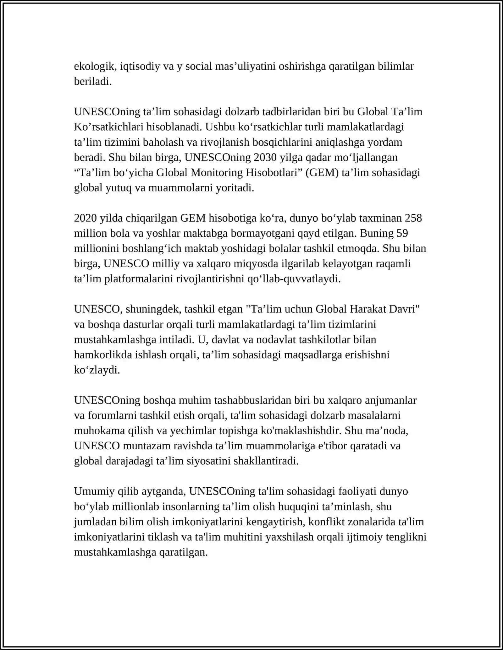 TA'LIM SOHASIDAGI XALQARO TASHKILOTLAR VA JAMĞARMALAR ISHINING ASOSIY YÕNALISHLARI 4