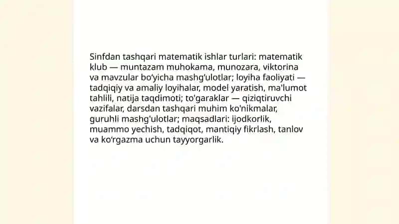 Matematikadan sinfdan tashqari ishlarni tashkil etish metodikasi 4