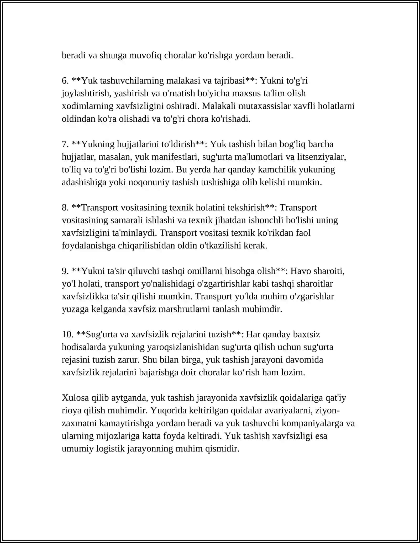 MUSTAQIL ISH Mavzu: YUK TASHISH VA YUKLASH, TUSHIRISH ISHLARIDA XAVFSIZLIK TALABLARI 4