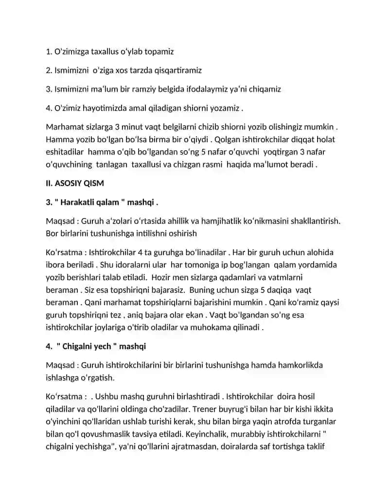 Guruhda ahillikni va hamkorlikni rivojlantirishga qaratilgan trening mashg‘ulotning rejasi 4