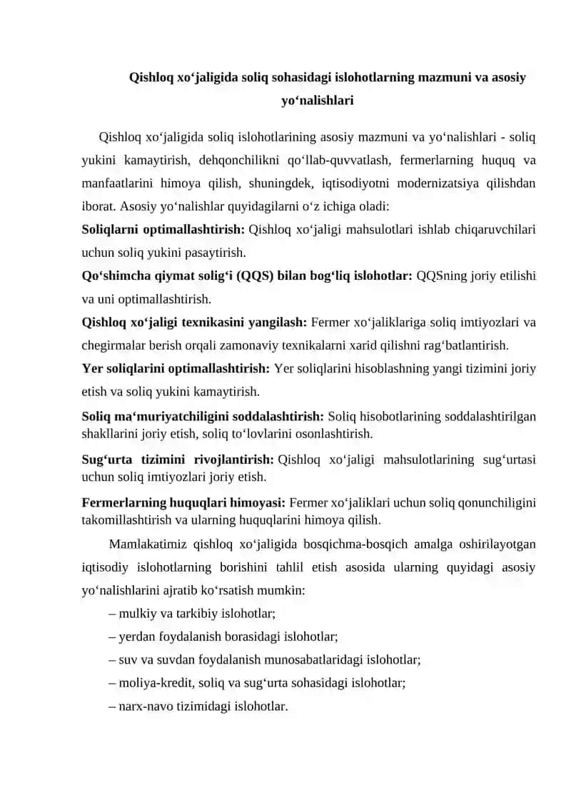 QISHLOQ XO‘JALIGIDA SOLIQ SOHASIDAGI ISLOHOTLAR, YER SOLIG‘INI HISOBLASH VA TO‘LASH TARTIBI 4