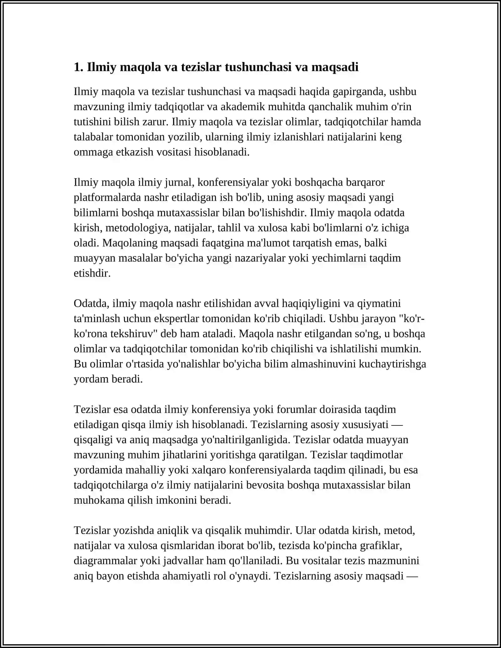 ILMIY MAQOLA VA TEZIZLAR HAQIDA UMUMIY TUSHUNCHA, ILMIY ISHLAR YOZISH 4