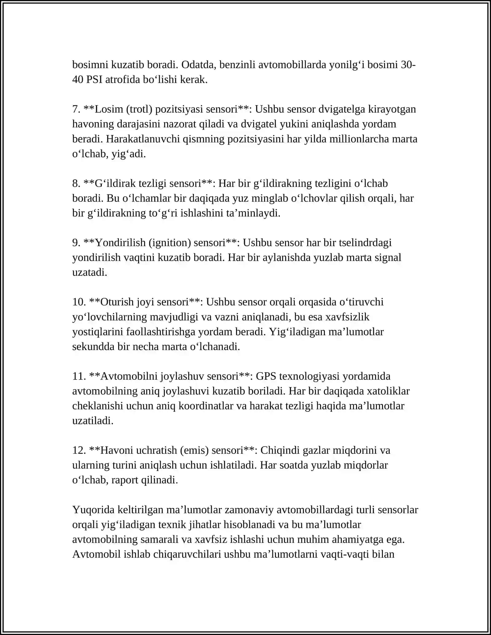 AVTOMOBIL MA’LUMOTLARINI TAHLIL QILISH: BAXTSIZ HODISALARNI BASHORAT QILISH VA TEXNIK XIZMAT KO‘RSATISH 4