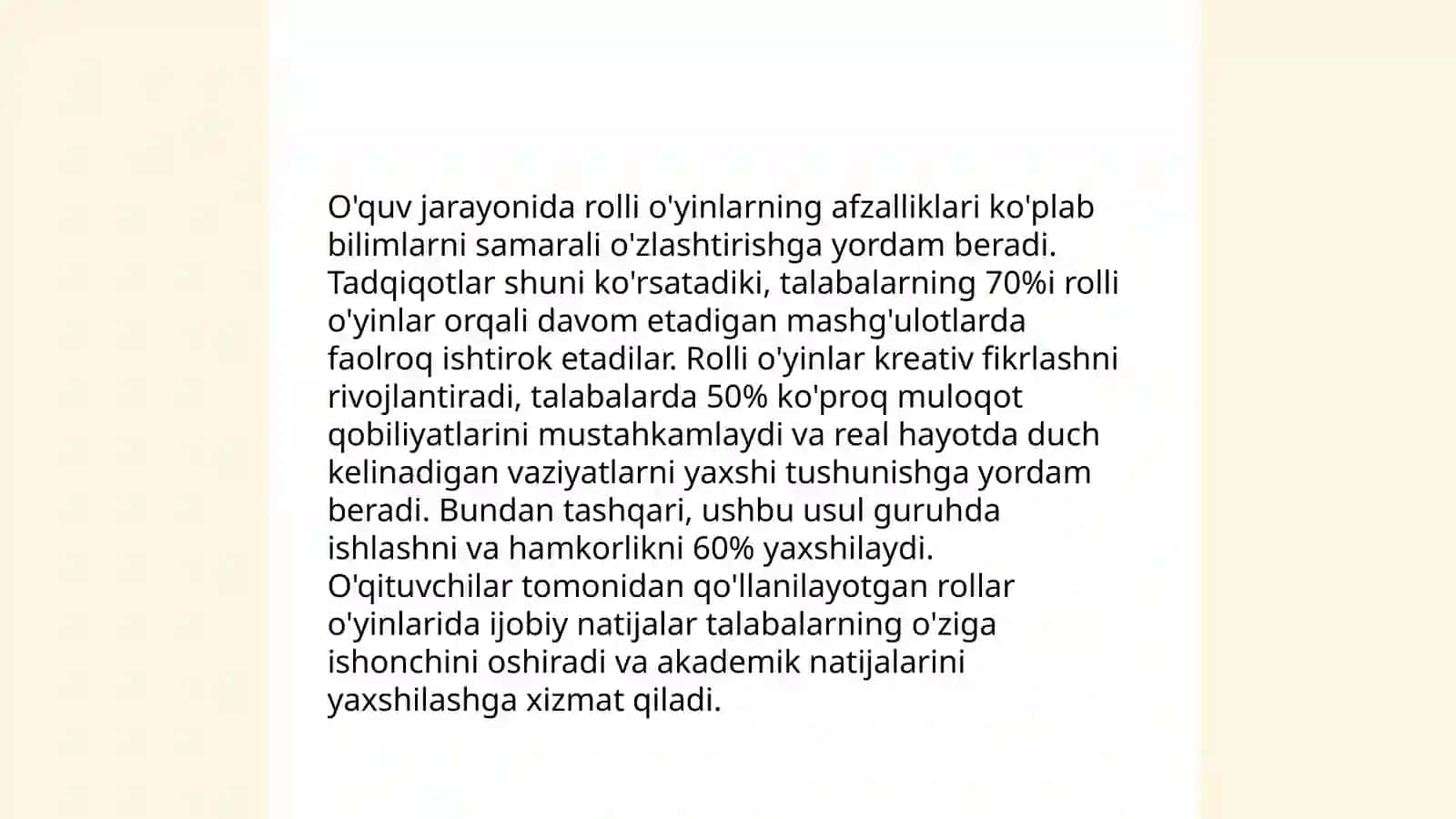 O’qitish jarayonida rollarga bo’linib o’ynaladigan o’quv o’yinlarining ahamiyati va o’rni 4