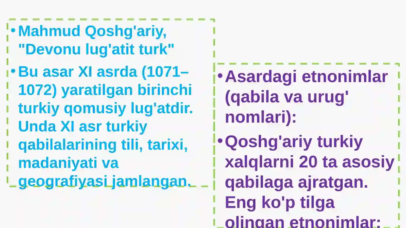 M. Qoshg‘ariyning “Devonu lug‘atit turk” asari haqida ma’lumotlar keltirish. “Devonu lug‘atit turk”d 4