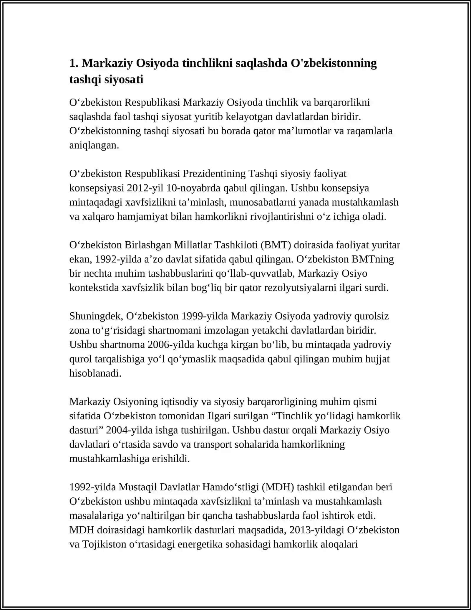 O'ZBEKISTONNING MARKAZIY OSIYODA TINCHLIK VA BARQARORLIKNI TA'MINLASHDAGI O'RNI 4