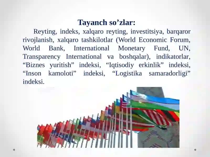Yangi O‘zbekiston ijtimoiy-siyosiy,iqtisodiy va madaniy hayotida ro‘y berayotgan o‘zgarishlarning xalqaro reyting va indekslarda aks etishi 4