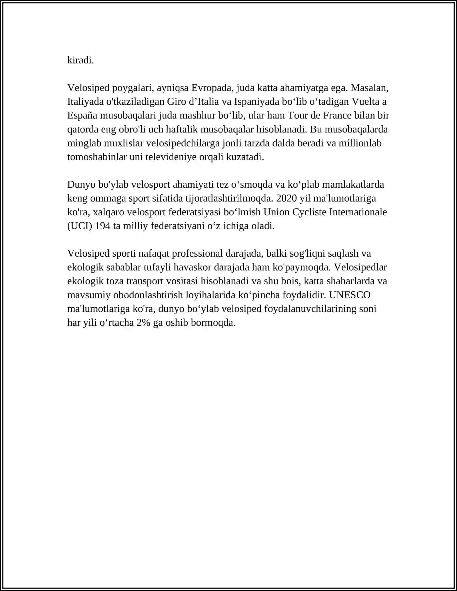 MUSTAQIL ISH Mavzu: VELOSPORT 4