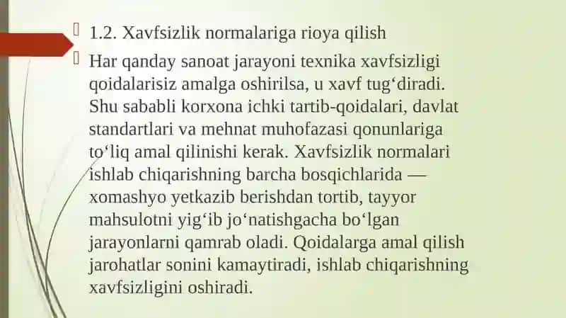 MAVZU:ISHLAB CHIQARISHDA SOG`LOM XAVFSIZ MEHNAT QILISH SHAROITINI YARATISH 4