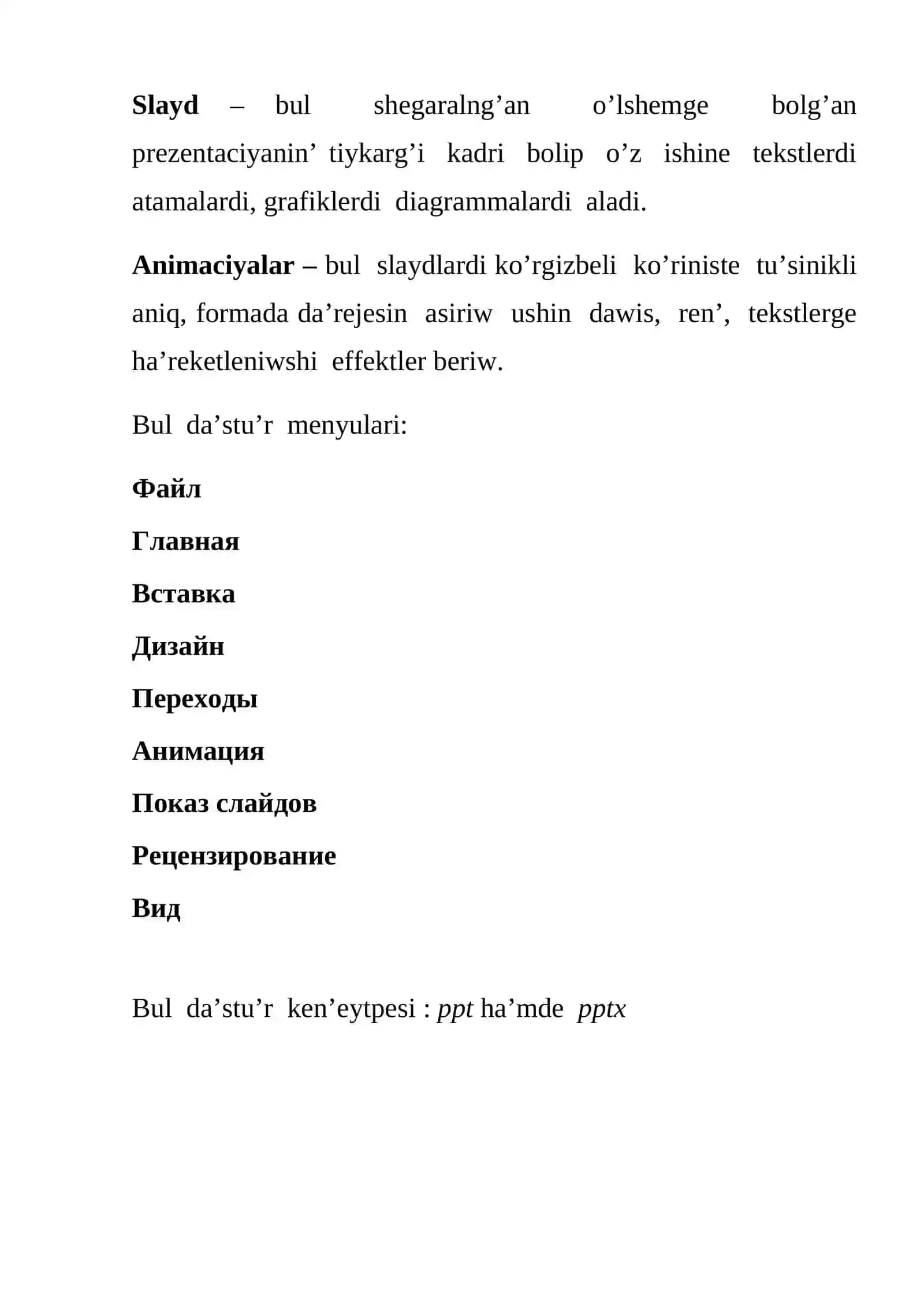 Power Point da’stu’ri. Menyui.U’skeneler paneli. Slayd: slayd jasaw, slayd qa’lipin o’zgertiw slayd qa’lpine jan’a obyektler qosiw, slayd parametrleri slayd ko’lemi ha’m ko’rinisi 4