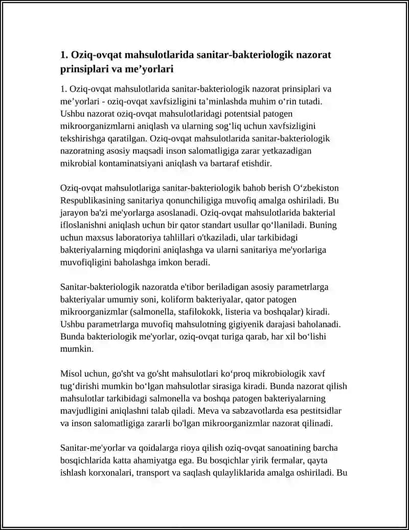 OZIQ OVQAT MAHSULOTLARIGA SANITAR BAKTERIOLOGIK BAHO BERISH VA TAHLIL QILISH 4