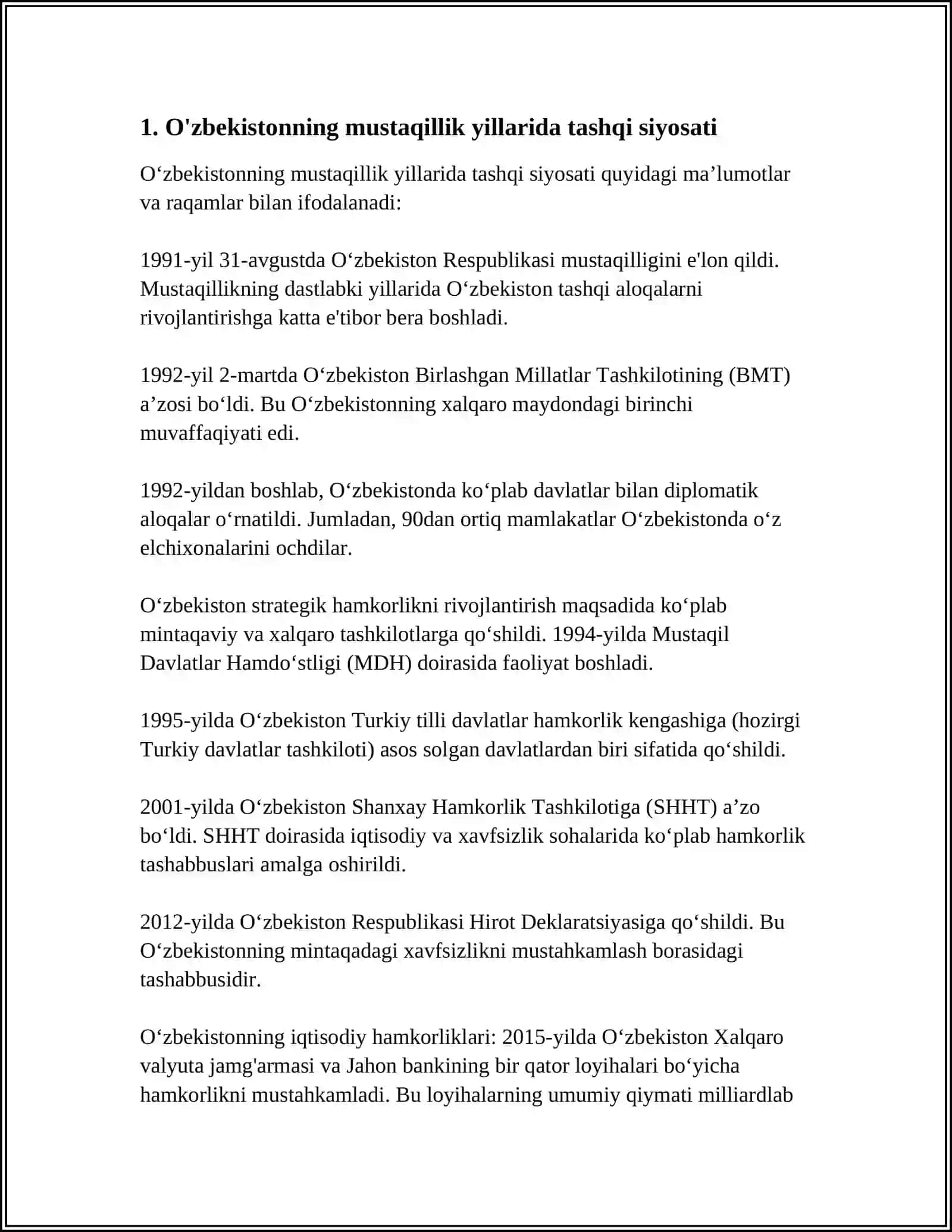 MUSTAQILLIK YILLARDA O'ZBEKISTONNING JAHONDA GIYOSIYOSIY VA GIYOIQTISODIY OʻRNI 4