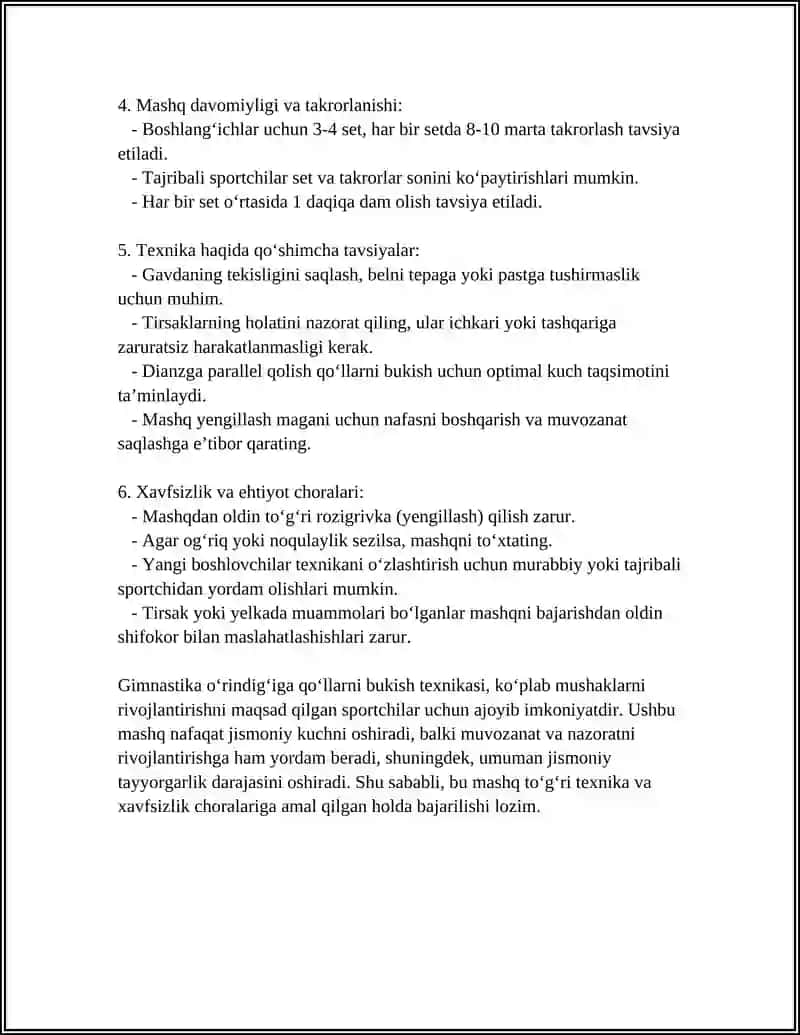 Mavzu: BALAND TURNIKDA TORTILISH, YERGA TAYANGAN HOLDA QO‘LLARNI BUKIB YOZISH - ERKAKLAR: GIMNASTIKA O‘RINDIG‘IGA TAYANGAN HOLDA QO‘LLARNI BUKISH 4