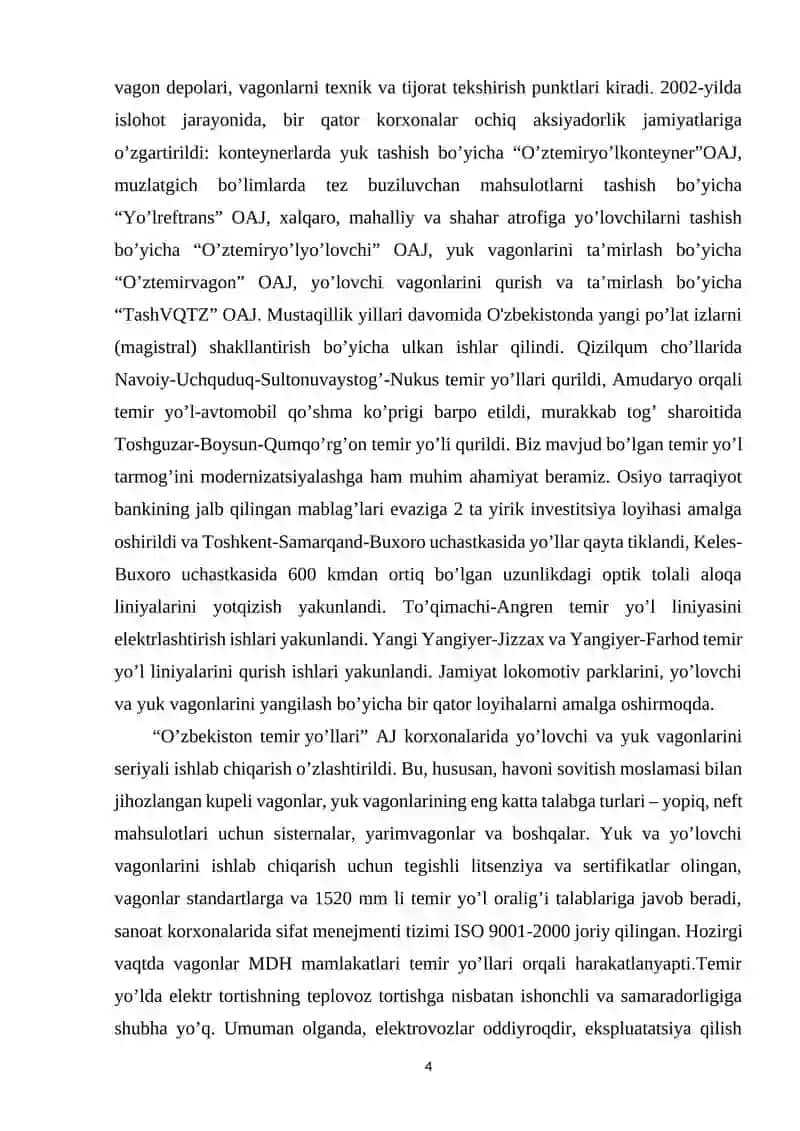 "O‘ZBEKISTON” LOKOMOTIV DEPOSI TASNIFI VA ISHLAB CHIQARISH KO‘RSATKICHLARINI TAHLILI" 4