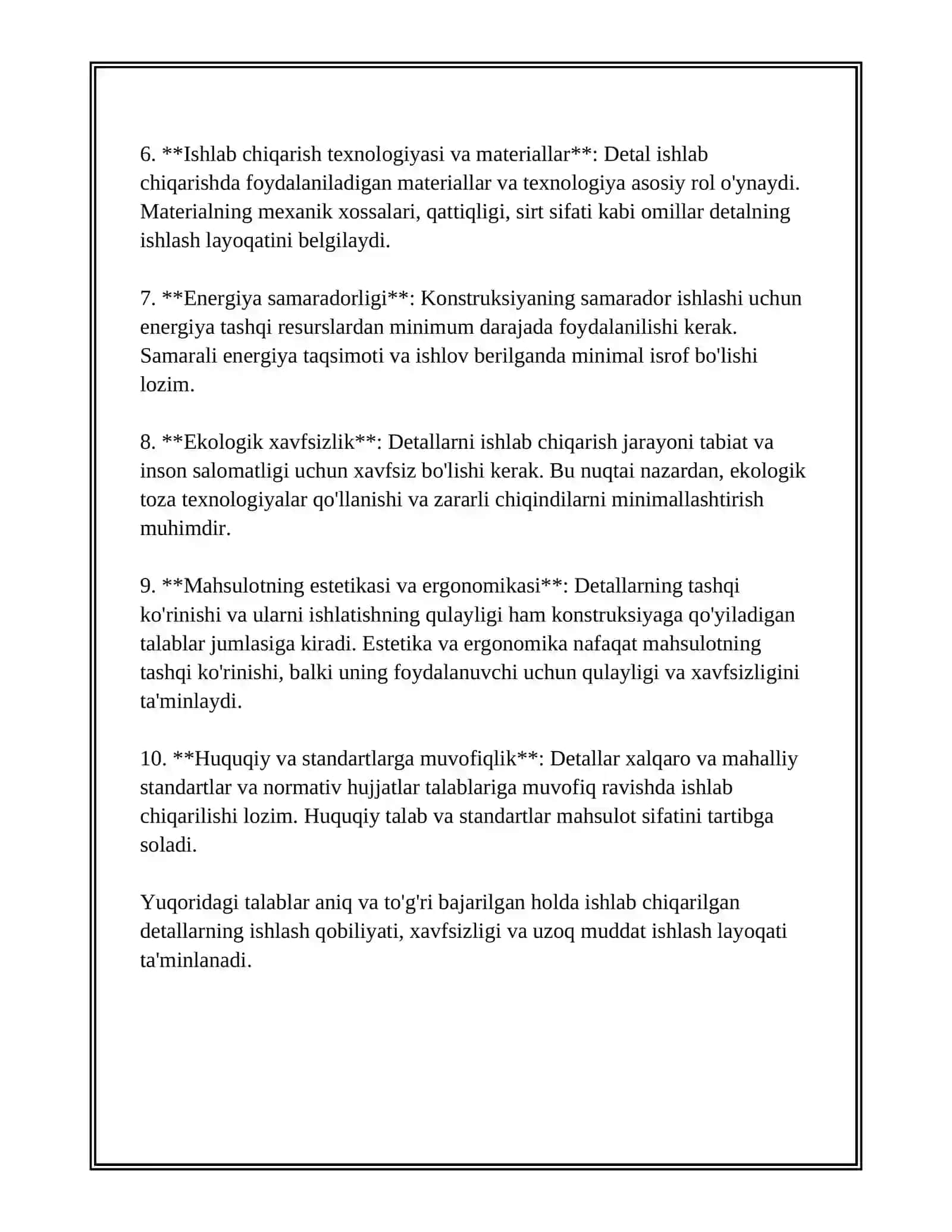 DETALLARNING KONSTRUKSIYASIGA NISBATAN QO'YILGAN ASOSIY TALABLAR. DETALLARNING ISHLASH LAYOQATI VA UNI TA’MINLASH 4