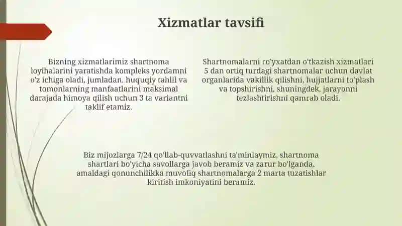 Shartnomalar tuzish va ro'yxatdan o'tkazish bo'yicha maslahat xizmatlari 4
