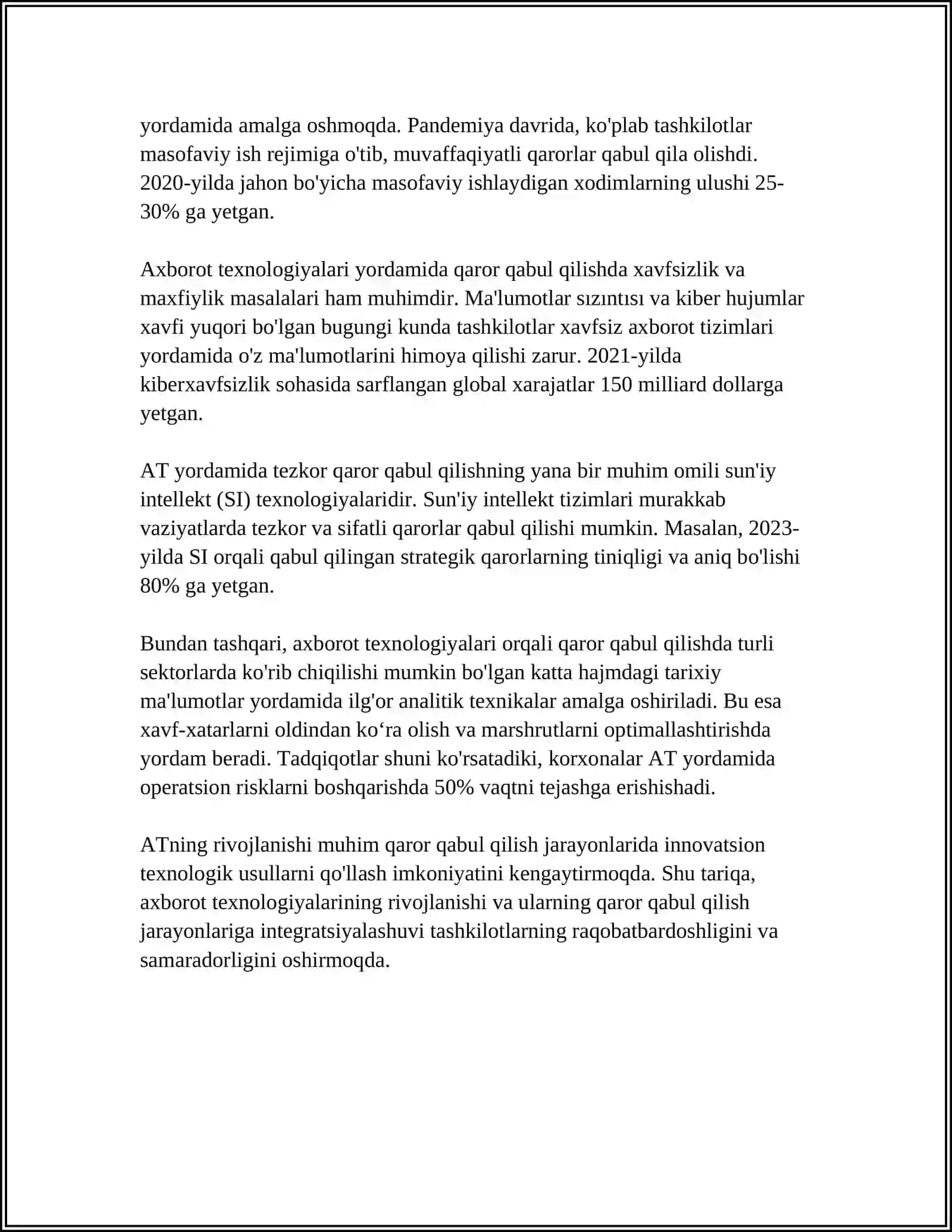 QARORLARNI QABUL QILISHNI QOʼLLAB-QUVVATLASHDA AXBOROT TEXNOLOGIYALARI. QOʼLLANILISHI VATAVSIFLARI, ASOSIY KOMPONENTLARI 4
