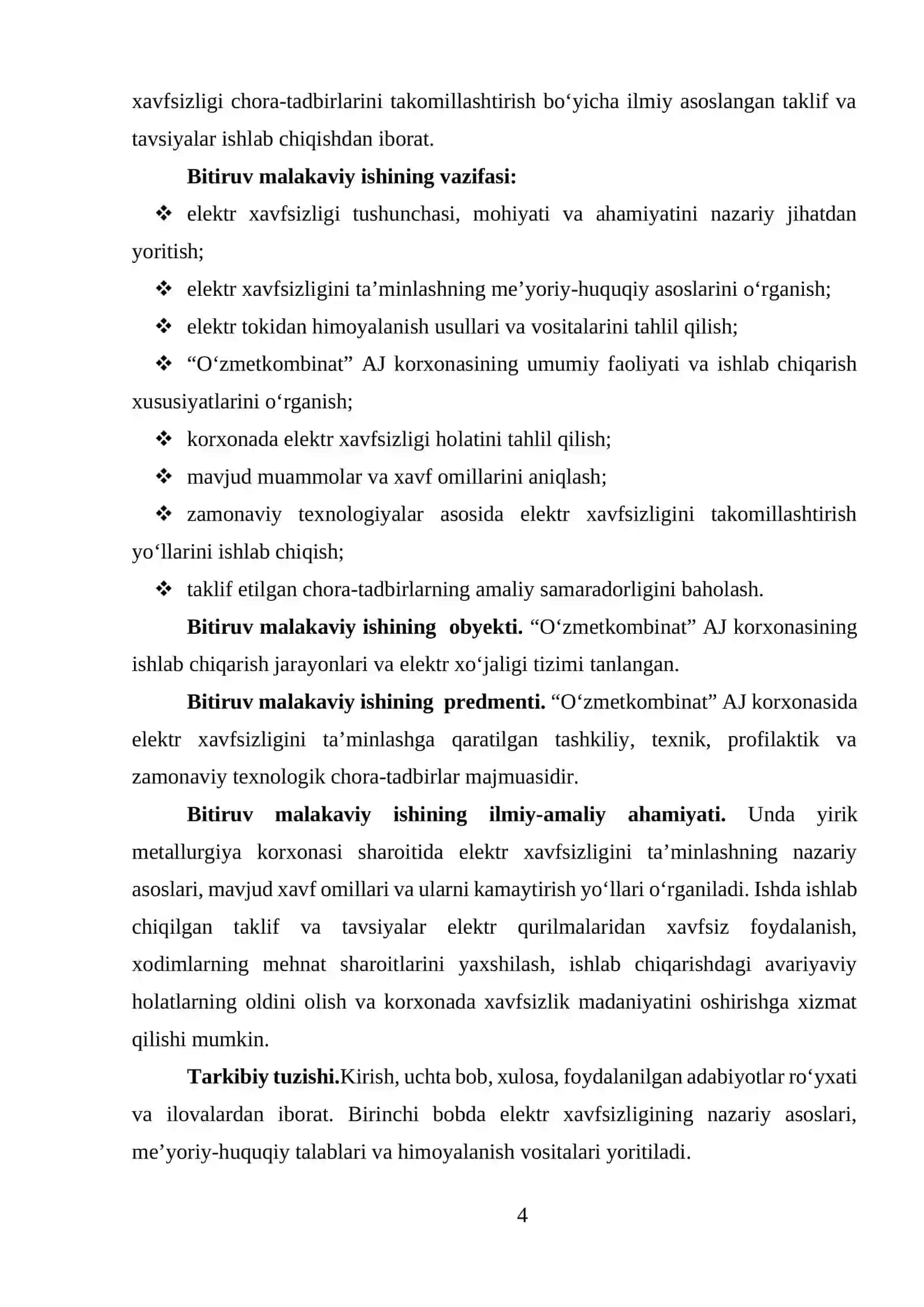 “ Oʻzmetkobinat ” AJ korxonasida elektr xavfsizligi chora tadbirlarini takomillashtirish 4