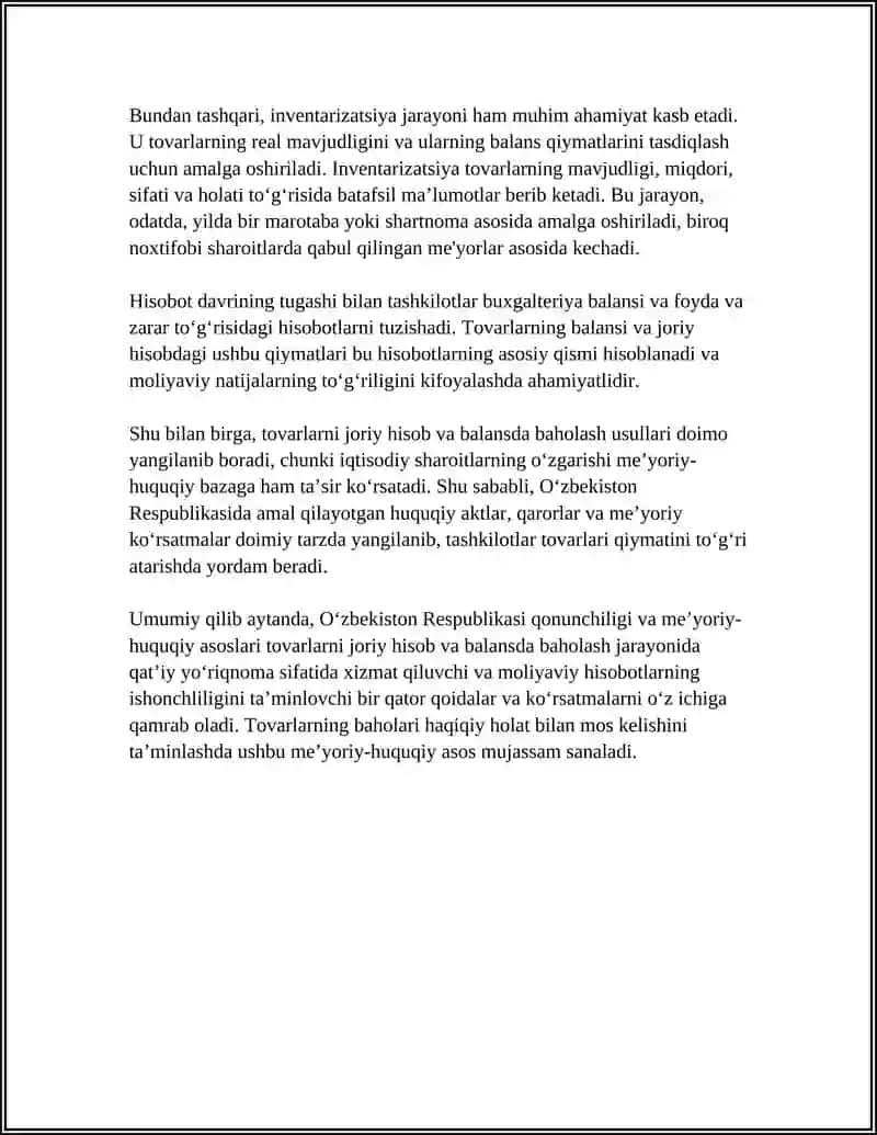 TOVARLARNI JORIY HISOB VA BALANSDA BAHOLANISHINI TEKSHIRISH 4