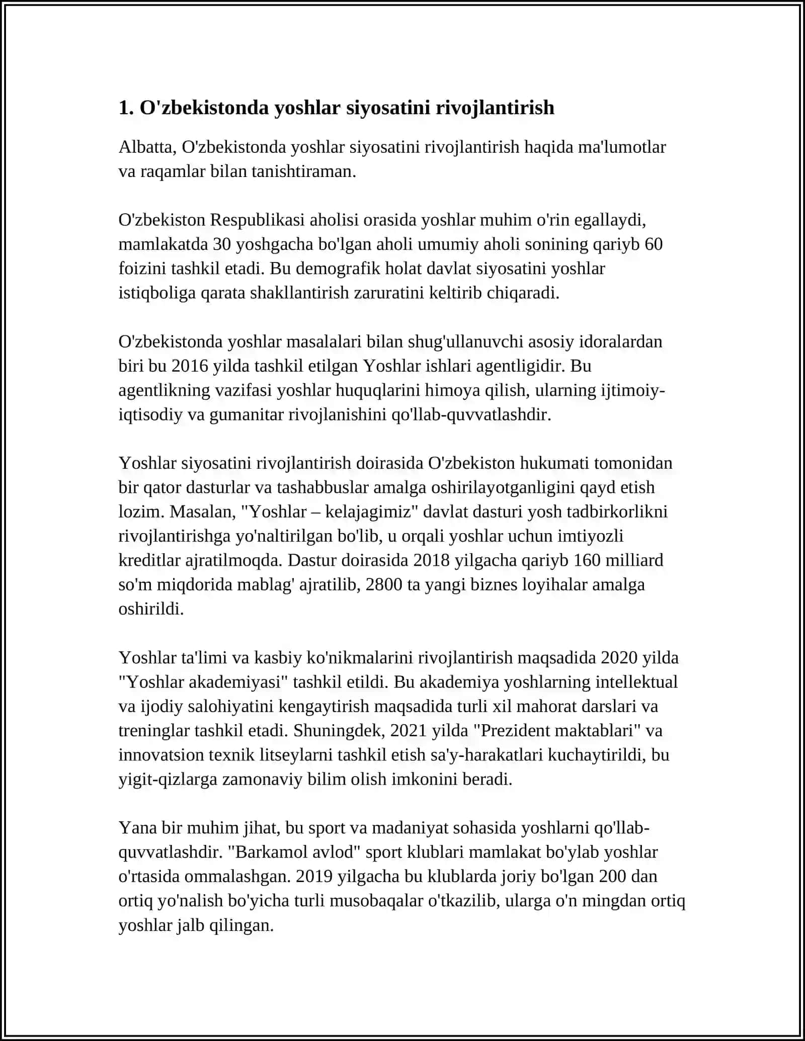 O'ZBEKISTONDA IJTIMOIY SOHADA AMALGA OSHIRILAYOTGAN O'ZGARISHLAR MAZMUN VA MOHIYATI MAYZUSIDA TEZIS TAYYORLASH 4