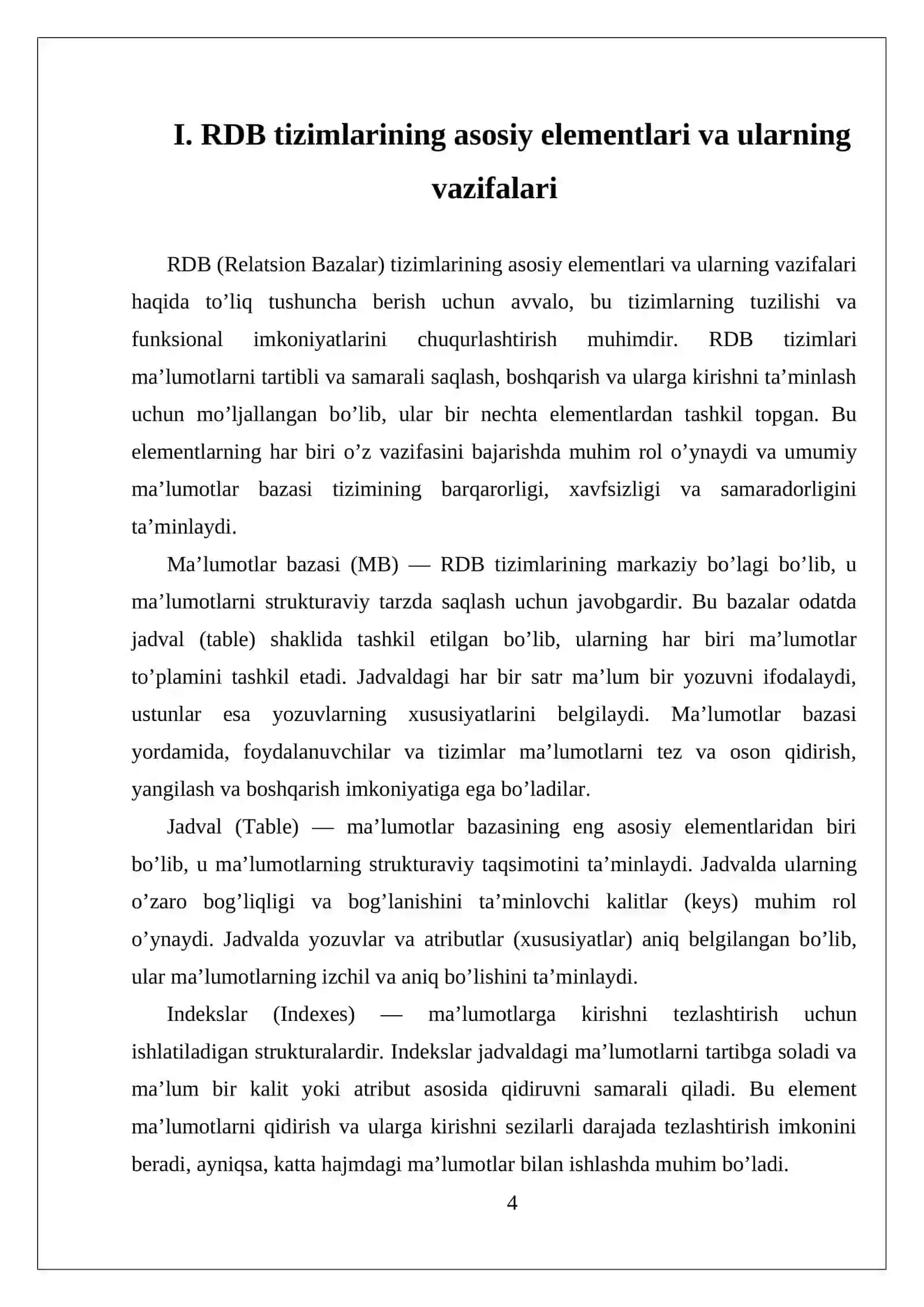 RDB tizimlarining asosiy elementlari va ularning vazifalari 4