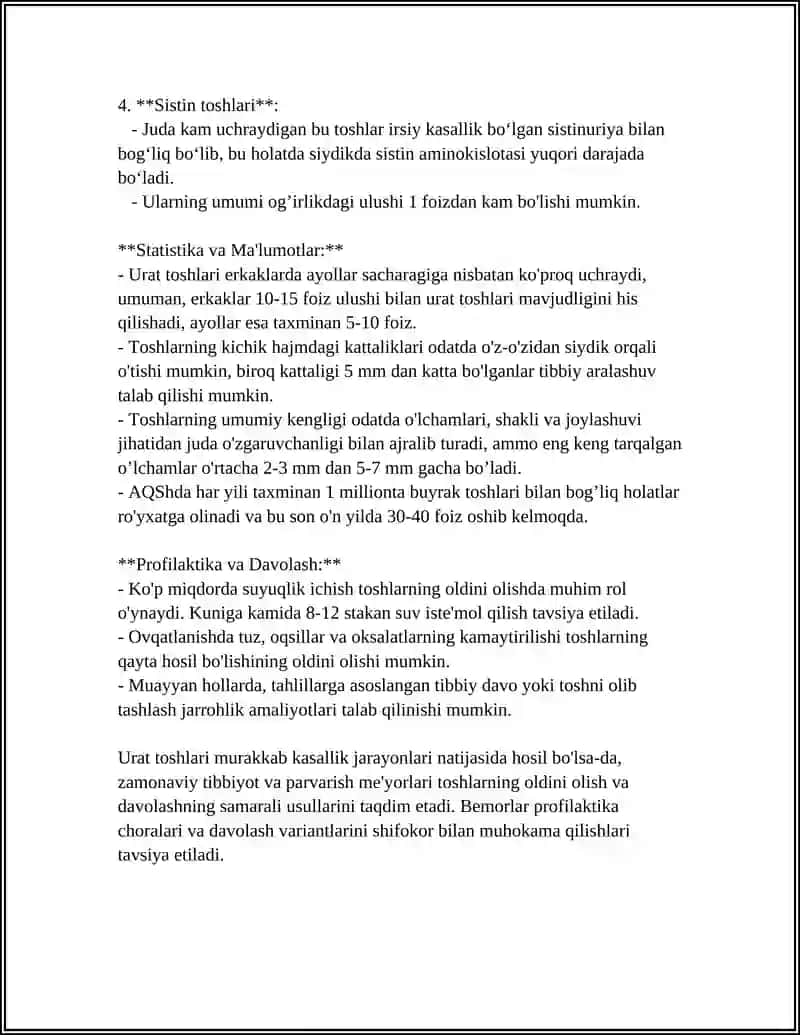 Urat toshlari: Buyraklarda urat toshlarini hosil bo‘lish va davolash yo‘llari 4