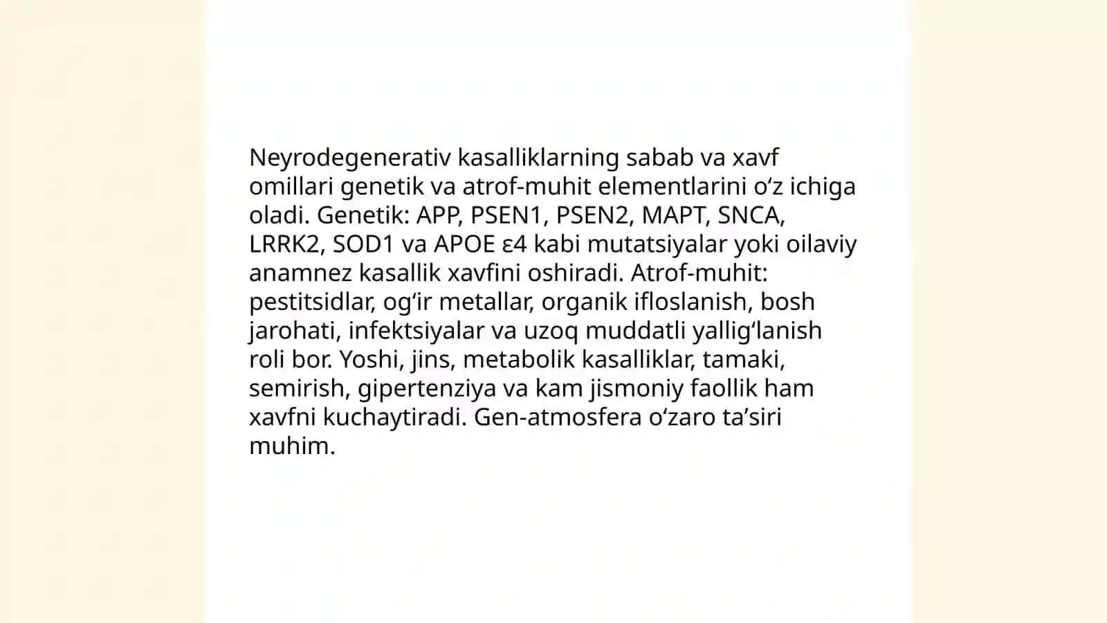 Neyrodegenerativ kasalliklar - sabablari, belgilari, diagnostikasi, davolash va oldini olish 4