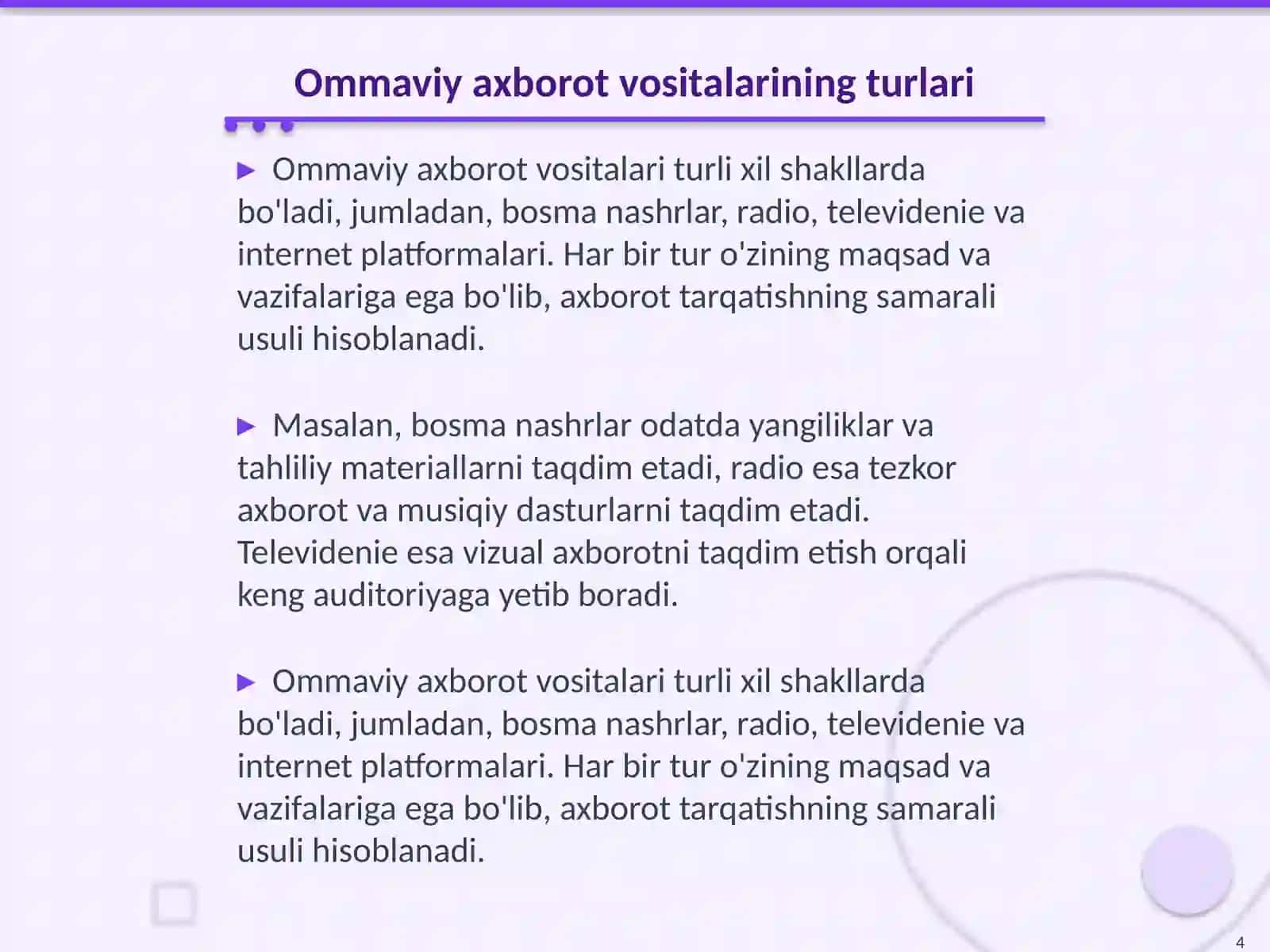 Oʻzbekiston Respublikasida ommaviy axborot vositalarining faoliyati 4