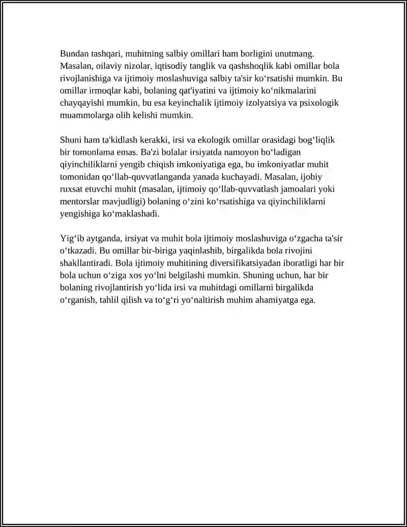 IRSIYAT VA MUXIT BOLA RIVOJI REFERAT BOLALARNI IJTIMOIY MOSLASHUVI FANIDAN 15VAROQ 4