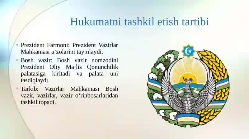 O'zbekiston Respublikasi hukumatini tashkil etish tartibi, uning tarkibi va faoliyatini amalga oshirish tartibi 4