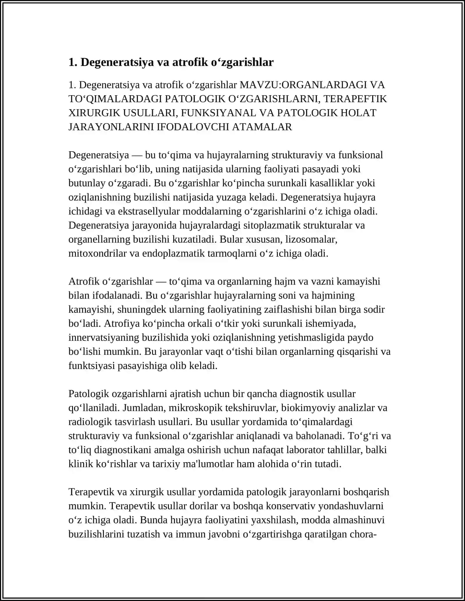 ORGANLARDAGI VA TO‘QIMALARDAGI PATOLOGIK O‘ZGARISHLARNI, TERAPEFTIK XIRURGIK USULLARI, FUNKSIYANAL VA PATOLOGIK HOLAT JARAYONLARINI IFODALOVCHI ATAMALAR 4