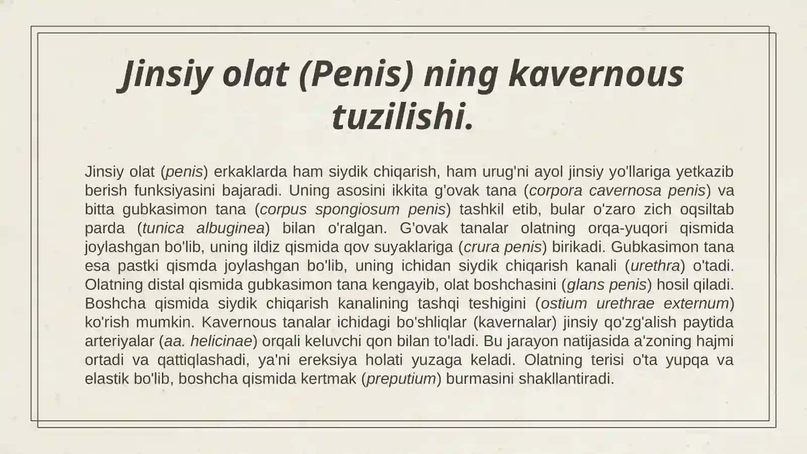 Erkaklar tanosil a'zolari, Ayollar tanosil a'zolari, Ularning yoshga qarab o'zgarishi. Oraliq topografiyasi va tuzilishi,chanoq va tanosil diafragmalarining jinsga nisbatan farqi. 4