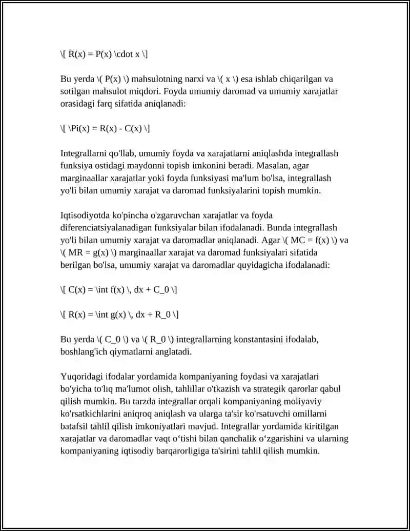 FOYDA, XARAJAT VA BOSHQALAR IQDISODIY KO'RSATGICHLAR TAHLILIDA INTEGRAL HISOB TATBIQLARI 4