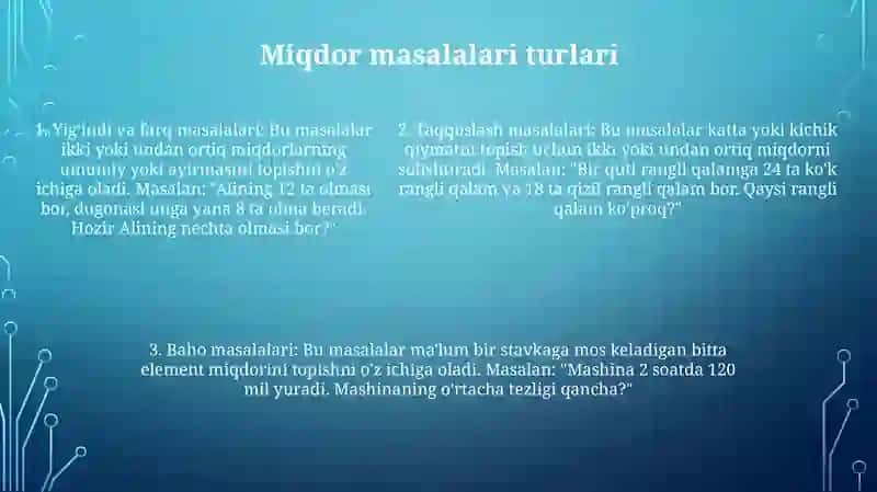 2-Sinf Matematika Darslarida Miqdorlarga Doir Masalalar Yechishga OʻRgatish 4