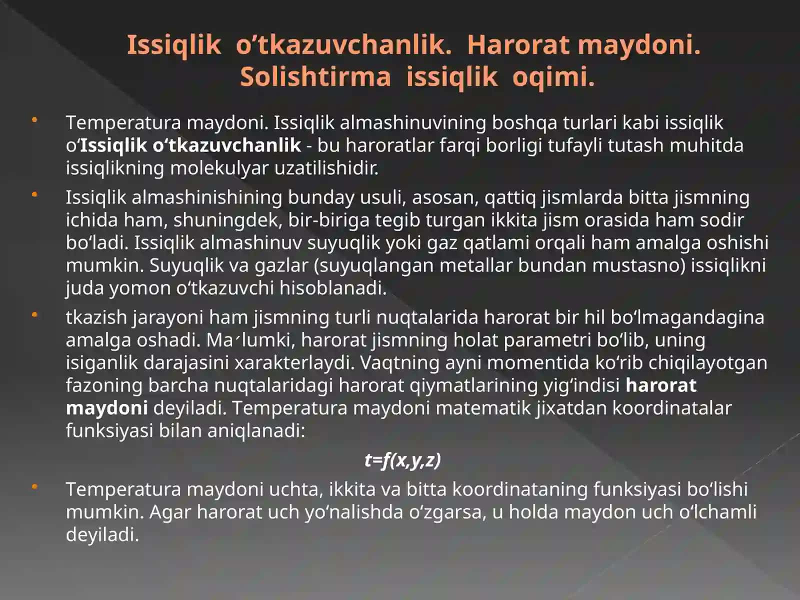 Issiqliko’tkazuvchanlik.Haroratmaydoni.Solishtirmaissiqlikoqimi.Gaz,suyuqlik,metallvaqurilishmateriallaridaissiqlikningo’tishmexanizmi.Fureqonuni.Boshlang’ichvachegarashartlar.Issiqlikuzatilishi 4