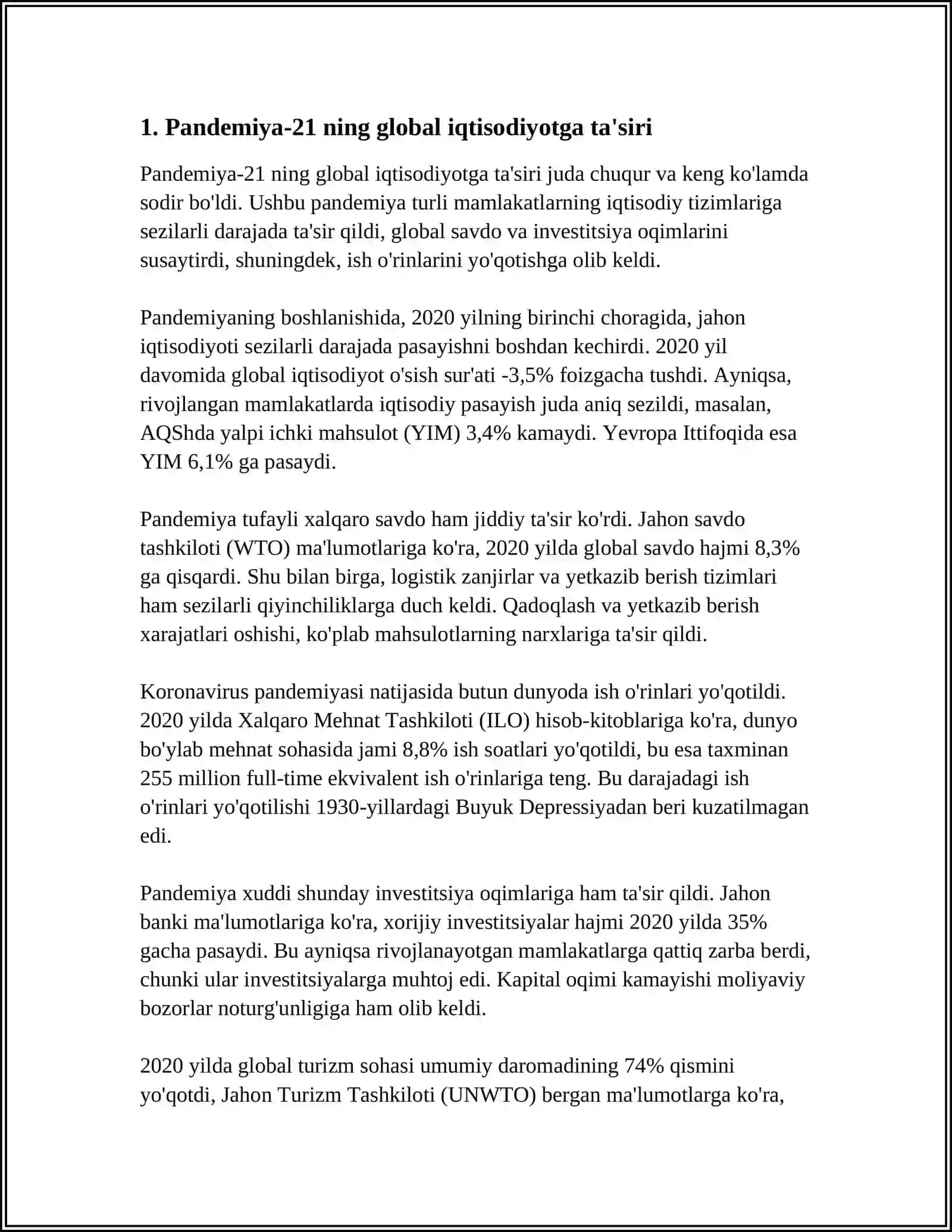 PANDEMIYA-21 ASRNING GLABAL MUAMMOSI VA UNING OQIBATLARI.2 OʻZBEKISTON RATIFIKATSIYA QILISHNING AHAMIYATI, IQTISODIY-SIYOSIY VA IJTIMOIY HUQUQIY MEXANIZMLARI SIFATLARI 4